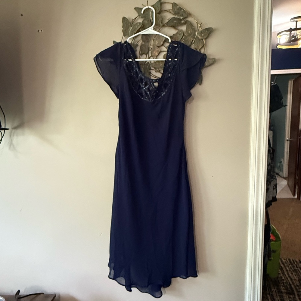 SL Fashions Navy Blue Beaded Neckline Flutter Sleeve Midi Dress